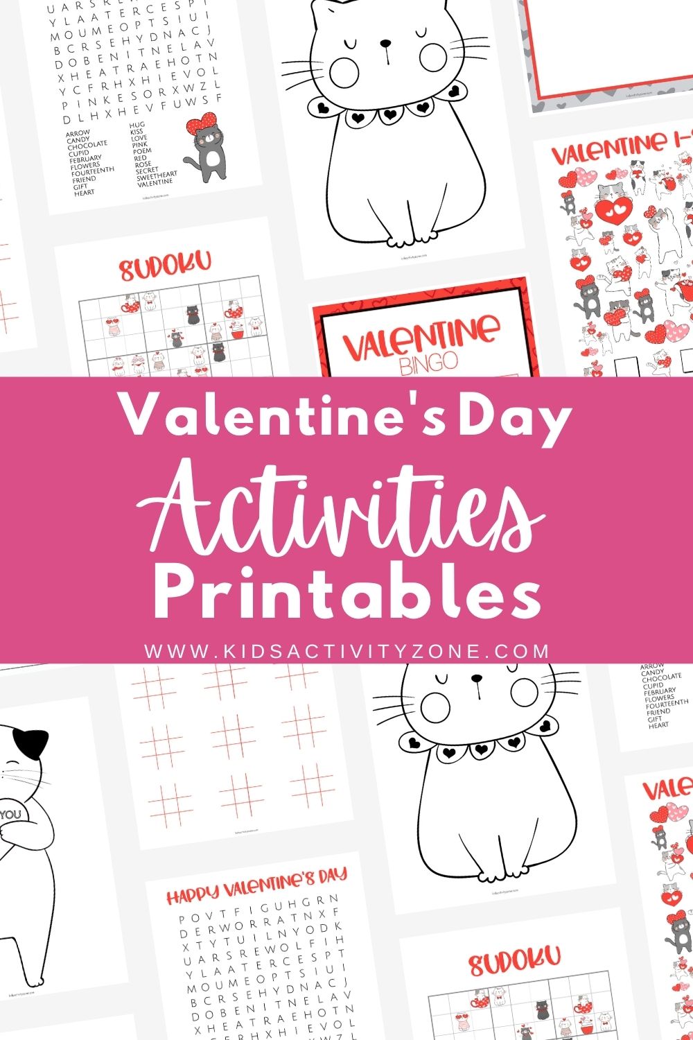 Celebrate Valentine's Day with these fun and free activities including Valentine's Day Bingo, I Spy, Word Search, Sudoku, Tic Tac Toe and more!