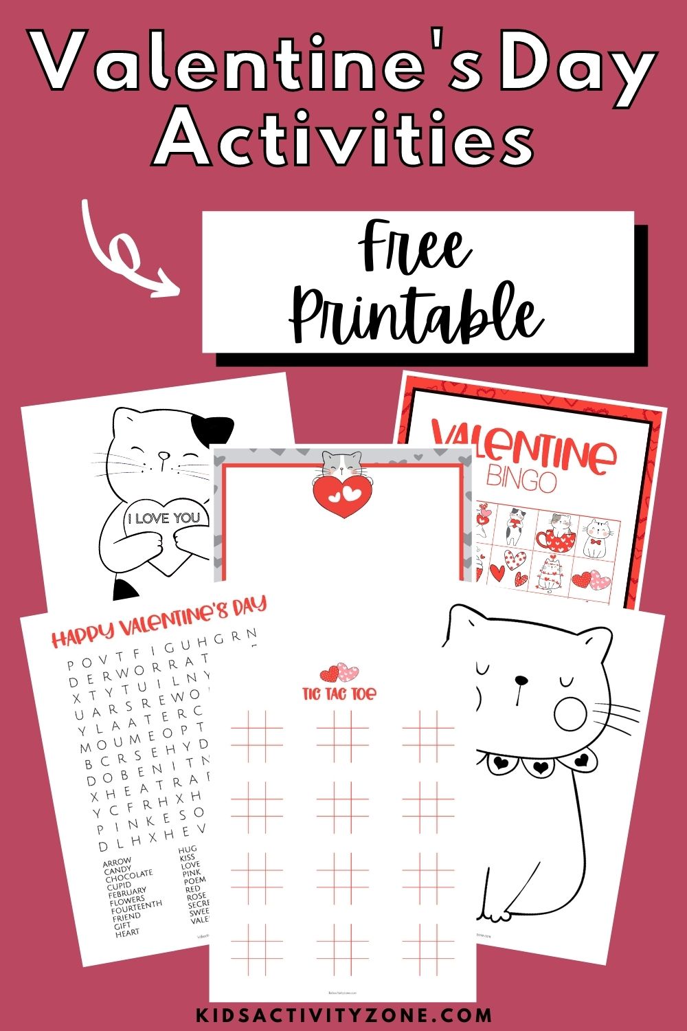 Valentine's Day Activities Printables for free! These activities include Valentine's Day Bingo, Coloring Pages, Stationary, I Spy, Tic Taco Toe, Word Find, Sudoku and so much more for FREE! Grab this, print them and have fun for Valentine's Day.