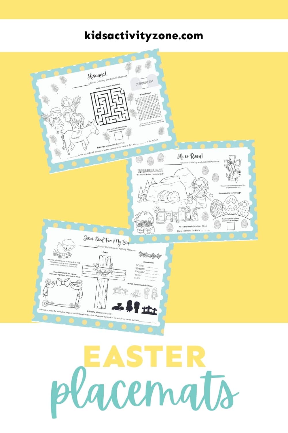 Easter Placemats with activities and coloring! The perfect tablescape activity for Easter dinner. Activities that are Christian based and will keep young and old entertained!