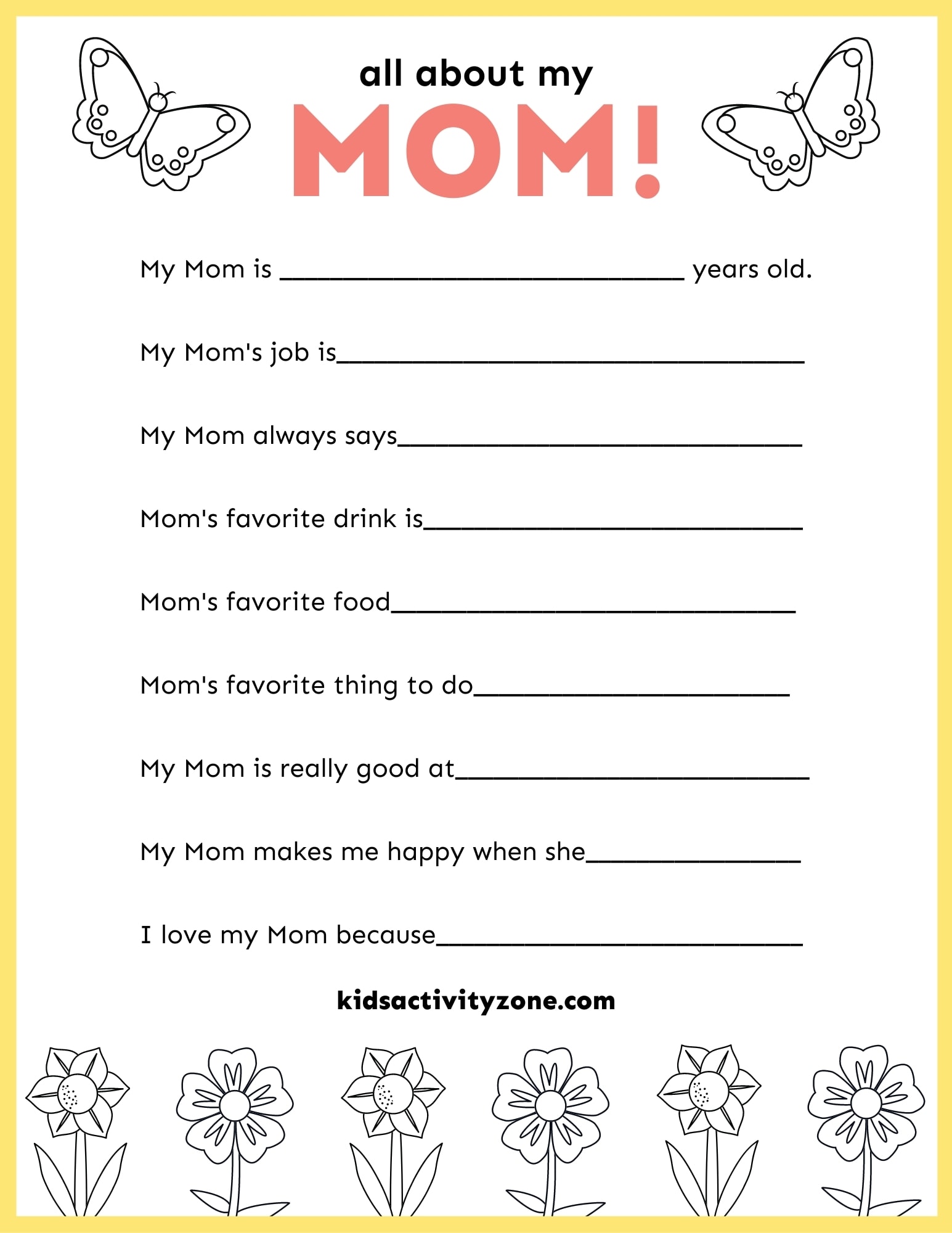 All About Mom! FREE Mother's Day Printable! Kids Activity Zone