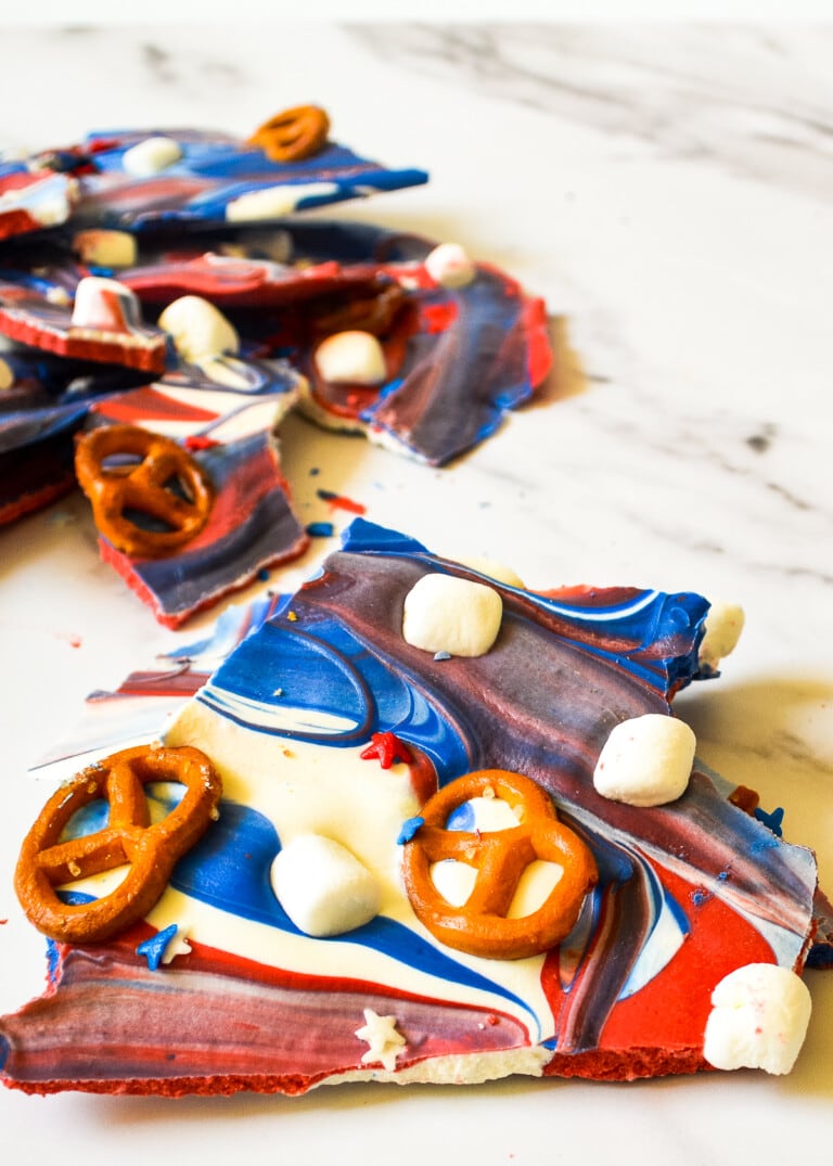 4th of July Bark broken up on marble background