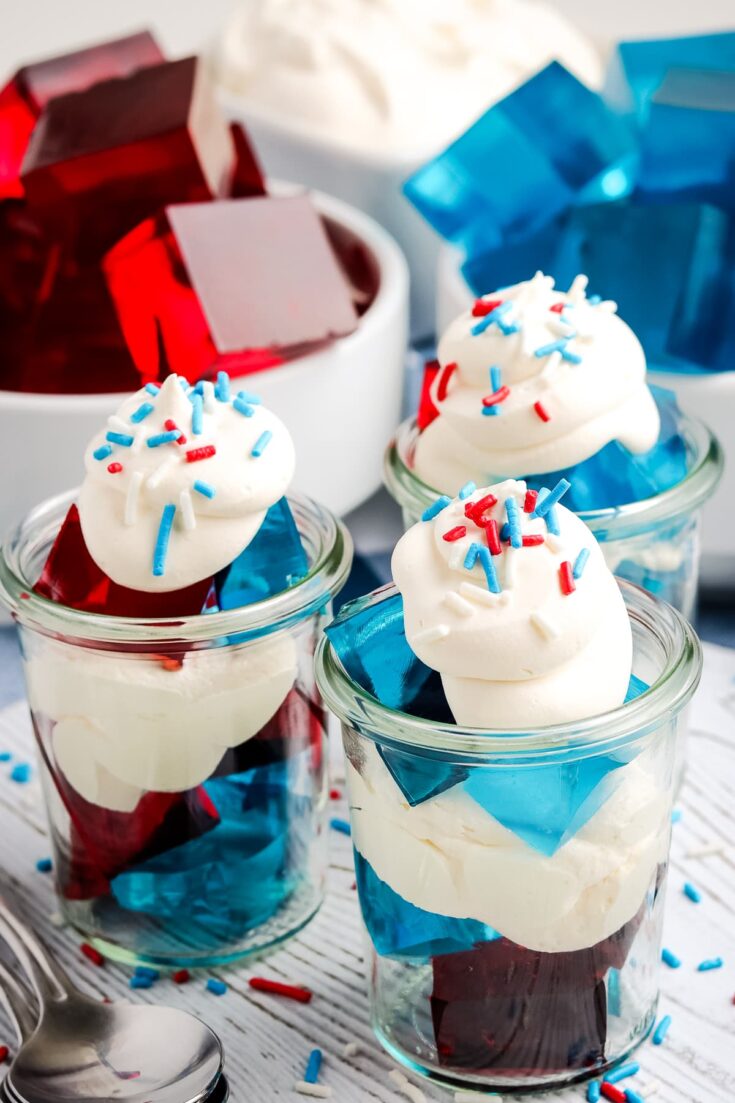 Red, White and Blue Finger Jello in glasses served as a parfait