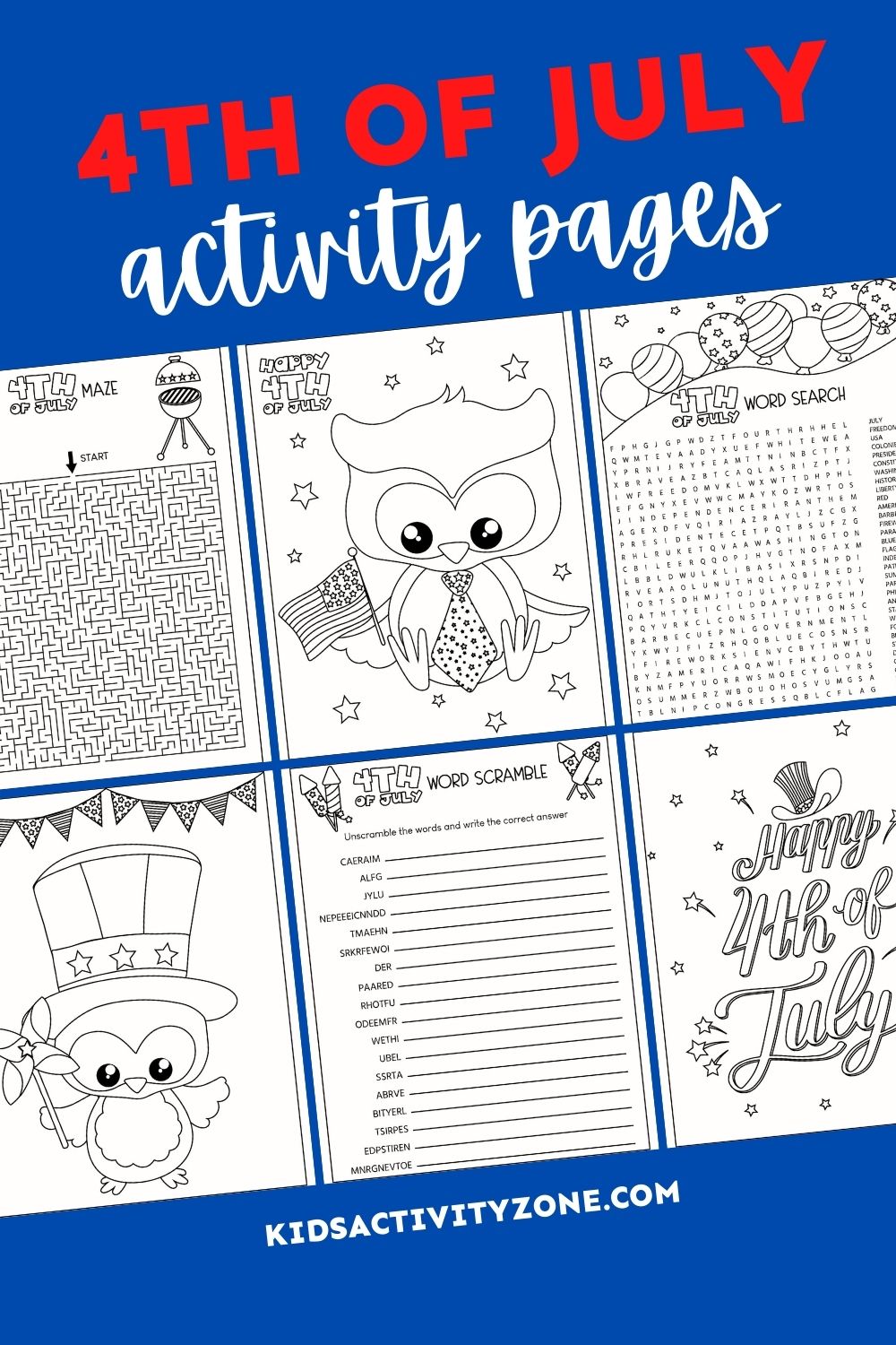 Grab these fun, themed 4th of July Activities. These free printables includes coloring pages, word scramble, word search and word challenge. The perfect addition to parties, fun work for kids during the summer and more!