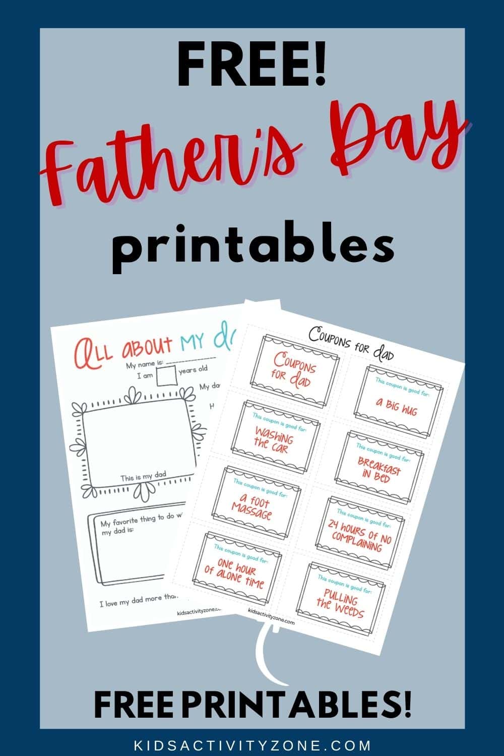 These fun free Father's Day Printables include an "All About My Dad" sheet to fill out, coupon book and Father's Day Card. Perfect keepsake for Dad on Father's Day!