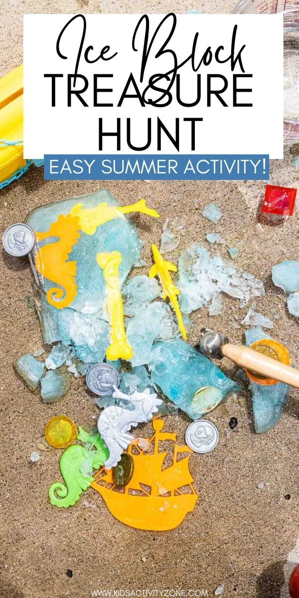 Keep the kids cool this summer with this fun Ice Block Treasure Hunt with a pirate theme. Just buy plastic toys at the dollar store, put them in a pan of water, freeze and then let them have fun chipping away the ice to find their treasures!