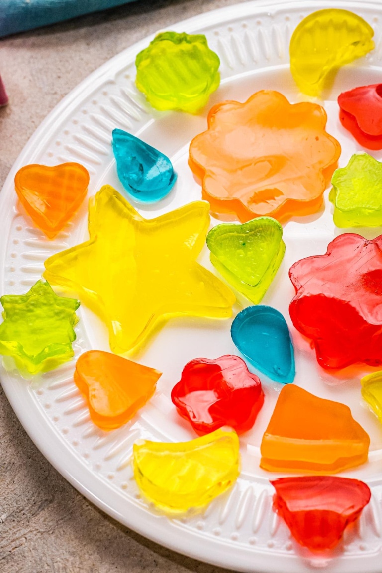 Jell-O Jigglers on a white serving plate