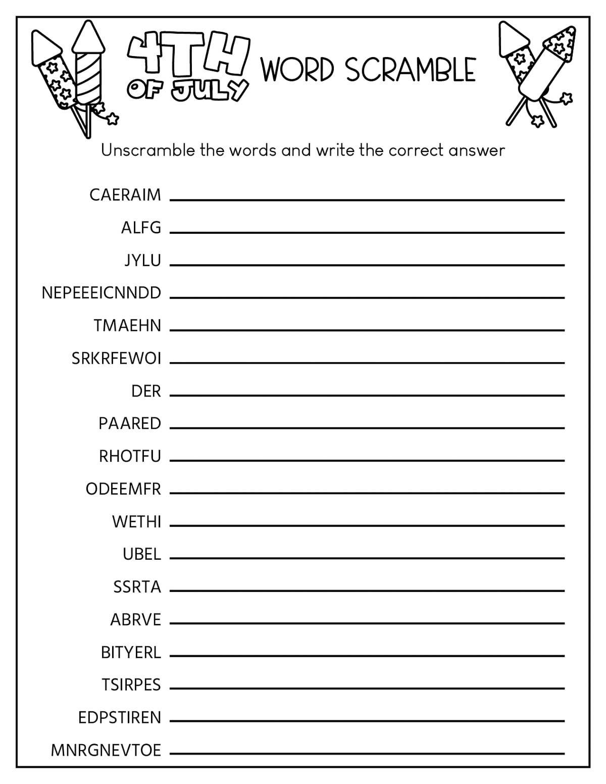 4th of July Word Scramble Printable