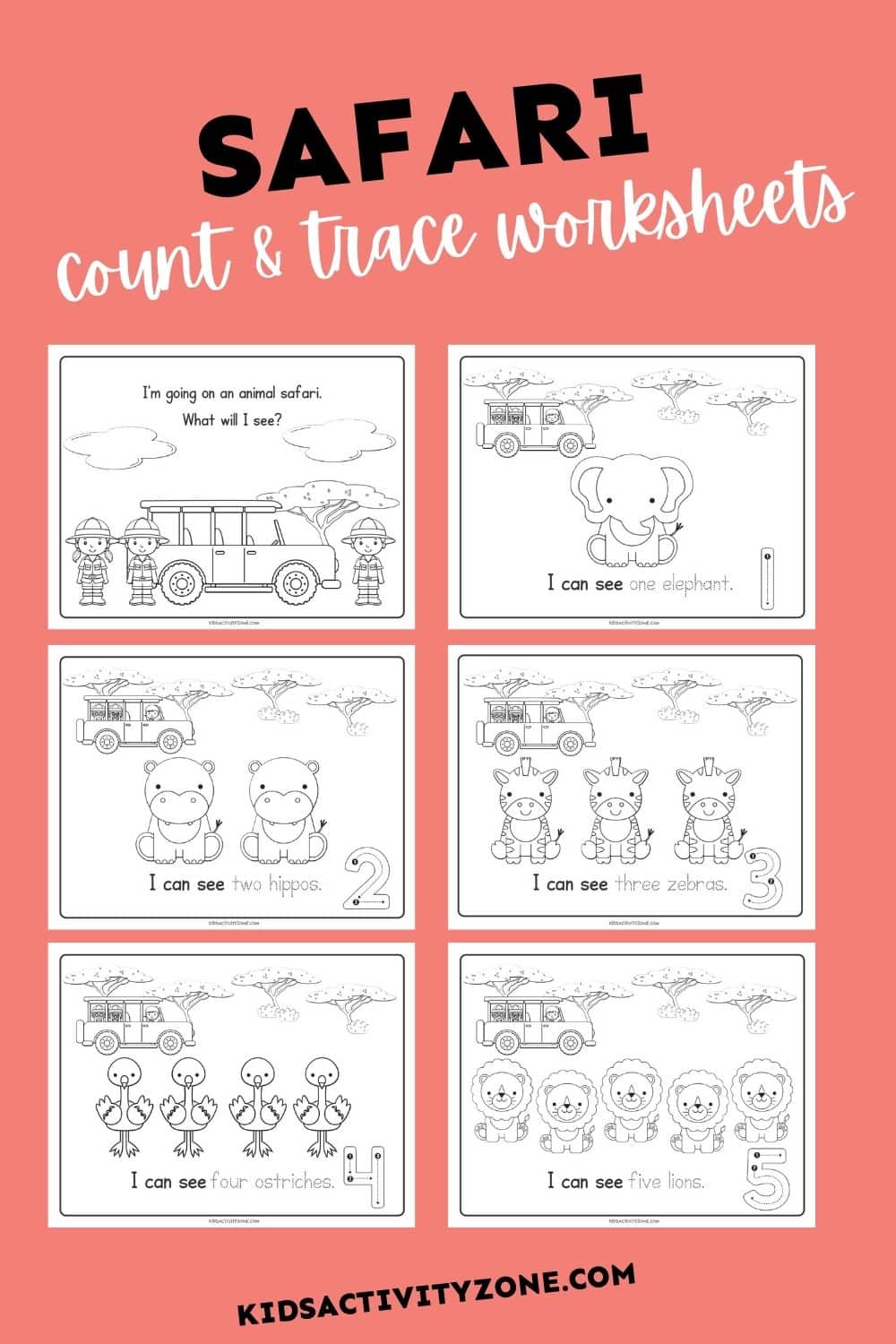 These cute, free printable count and trace worksheets are the perfect way to help your child learn their numbers! They are geared towards preschoolers and kindergarteners. Count the Safari animals in these fun number tracing worksheets, plus color the picture.