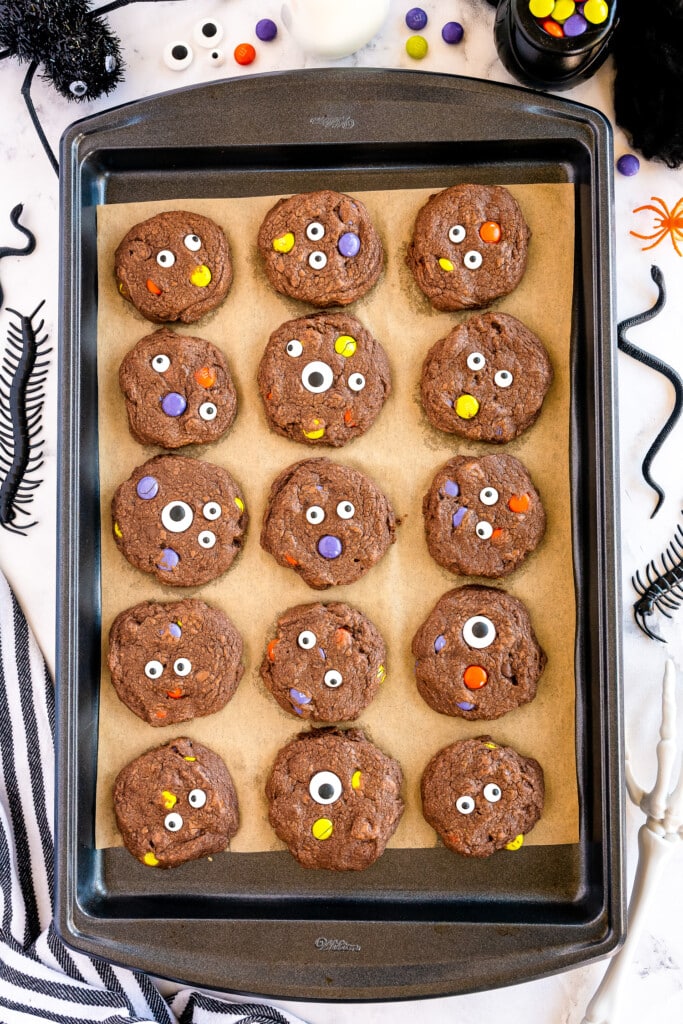 Sheet pan with baked chocolate monster cookies