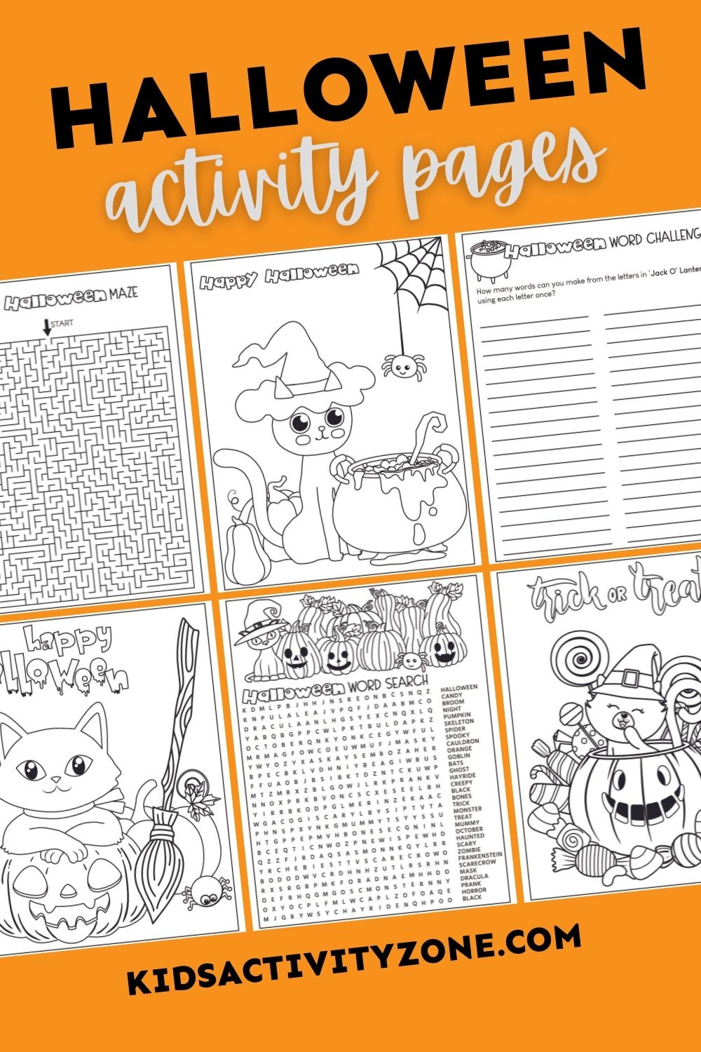 Fun, printable activities to celebrate Halloween! These free Halloween Activity Pages are so much fun for kids. Use them at parties, in the classroom or as boredom busters at home. Free printable includes a Halloween Word Search, Word Scramble, Word Challenge, Maze and Coloring Pages!