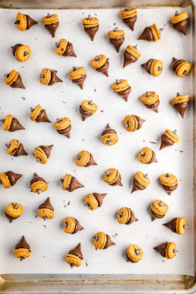 Overhead image of sheet pan with Nutter Butter Acorns on it