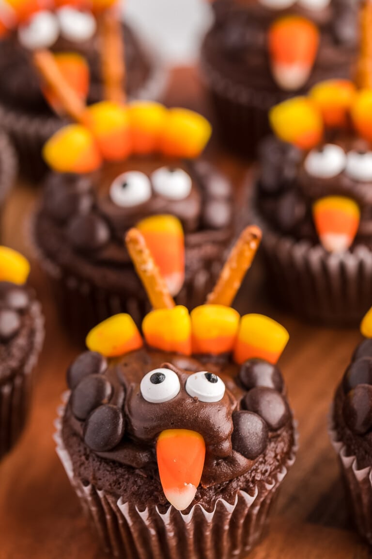 Turkey Cupcakes on wood cutting board