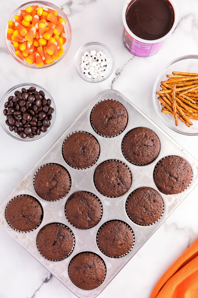 Overhead image of baked chocolate cupcakes in muffin tin