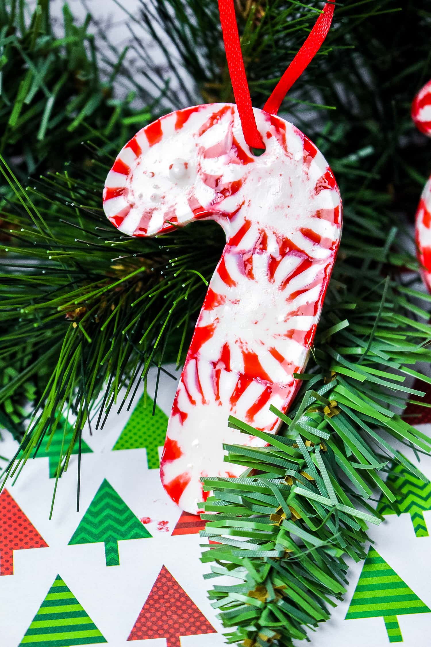 Melted Peppermint Candy Cane Ornament on tree