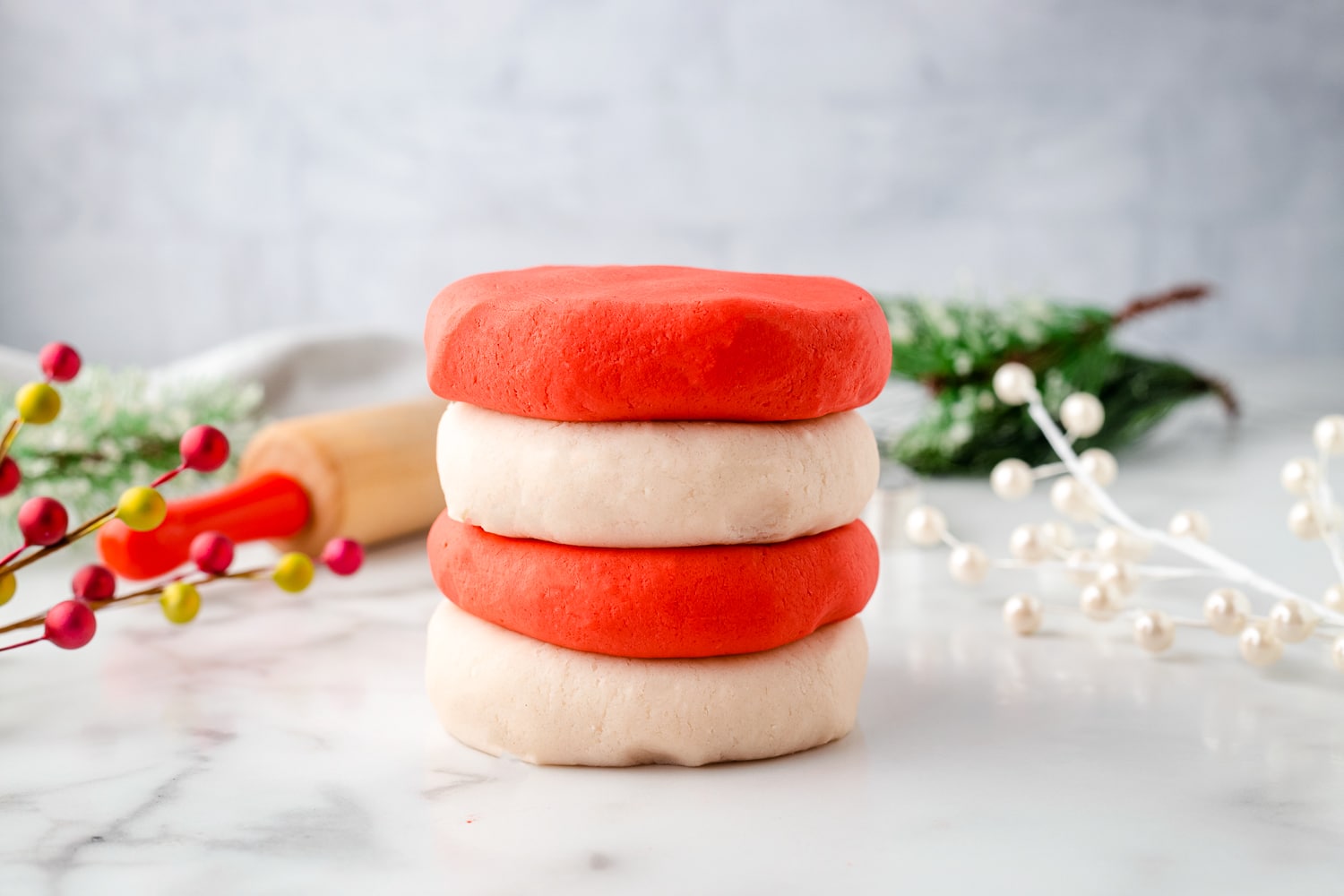 Stack of red and white peppermint playdough