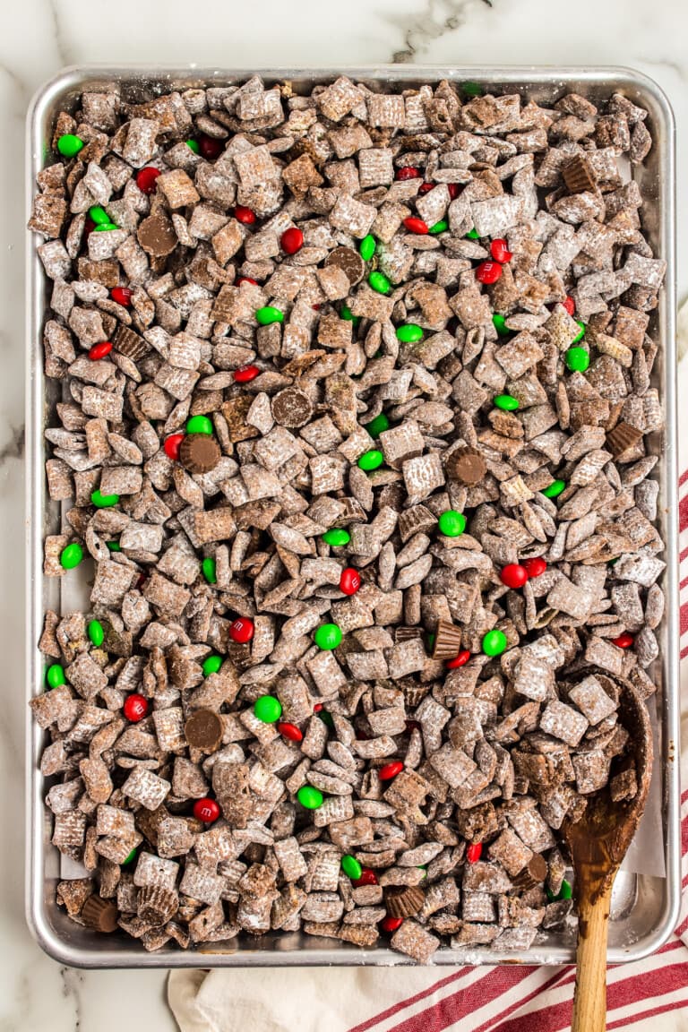 Overhead image of a sheet pan with Reindeer Chow on it