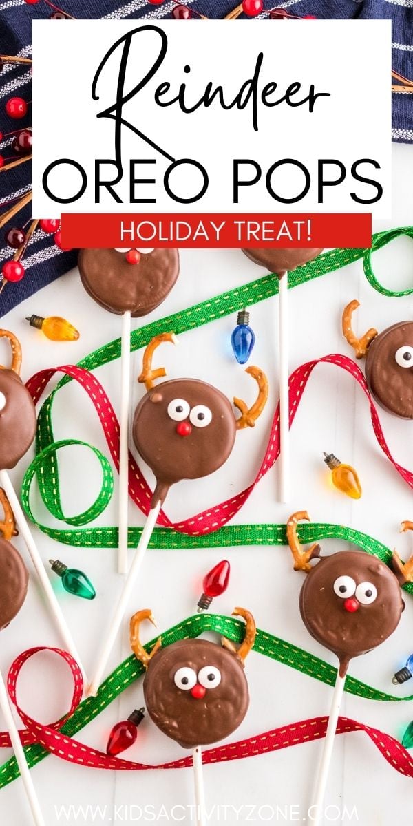 Quick and easy treat for Christmas! These Reindeer Oreo Pops are a no-bake recipe that the kids will love to help make and enjoy. Dip Oreos in chocolate and decorate them to with candy eyes, pretzels and candy to make them look like Rudolph the Red Nose Reindeer! 