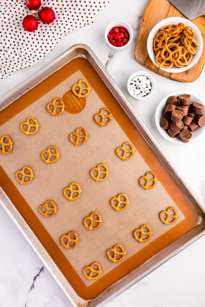 Overhead image of baking sheet with pretzels