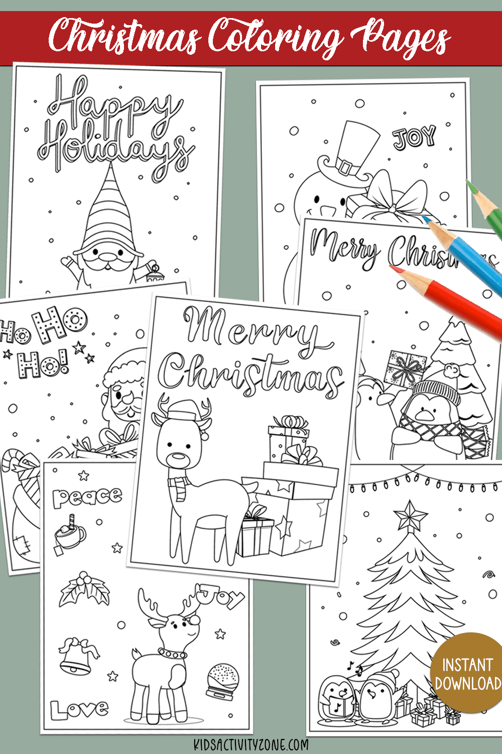 Free printable Christmas Coloring pages to keep the kids busy during the holiday down time. Grab these seven free holiday themed coloring sheets with reindeer, snowmen, presents, Christmas trees and more!