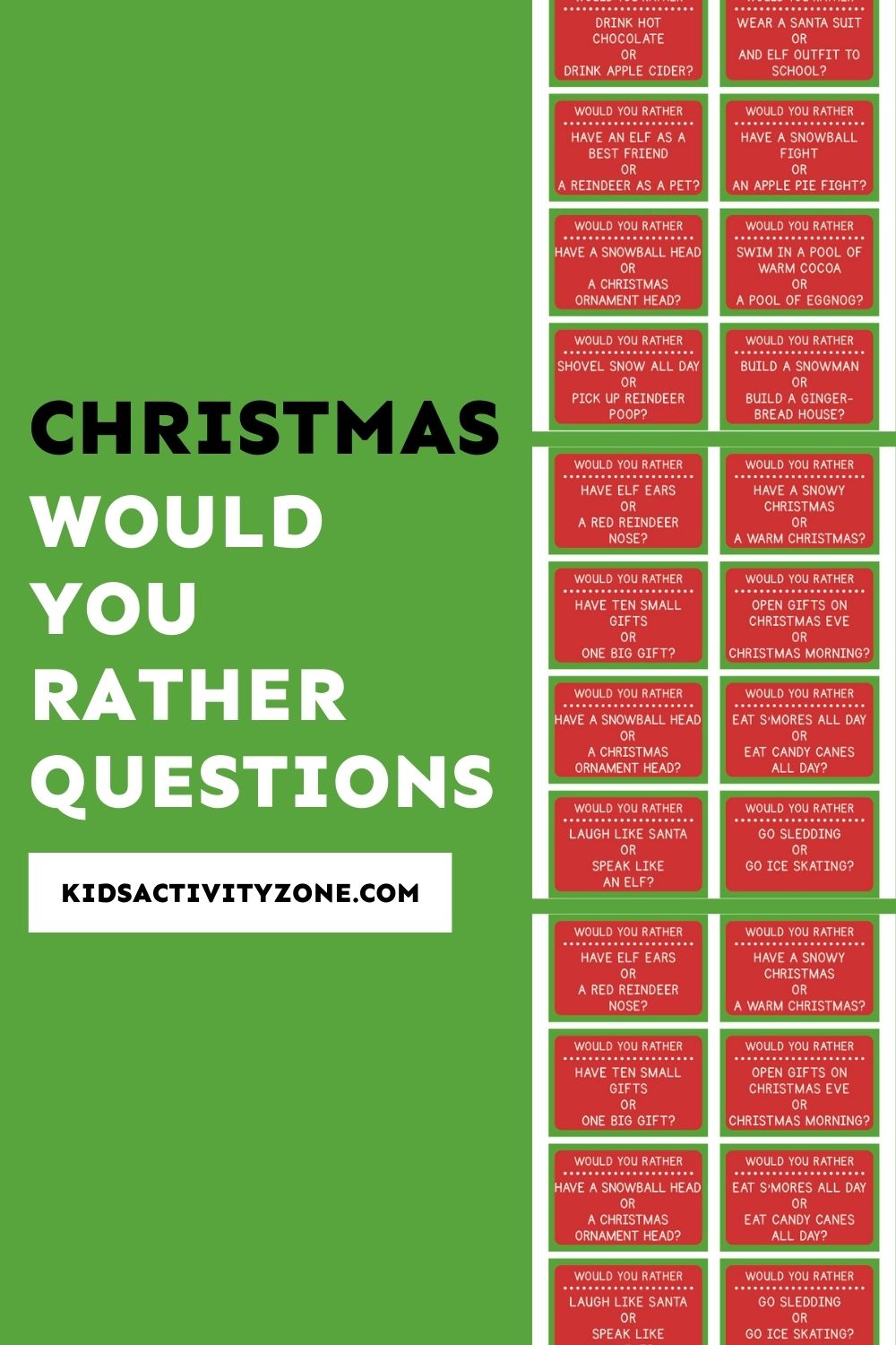 Grab this free printable for a Christmas Would Your Rather themed game! It's perfect for passing time during the holidays, a fun brain break during school, at home during dinner and so much more. Print out the cards and have fun asking each other "Would You Rather"? questions that are themed!