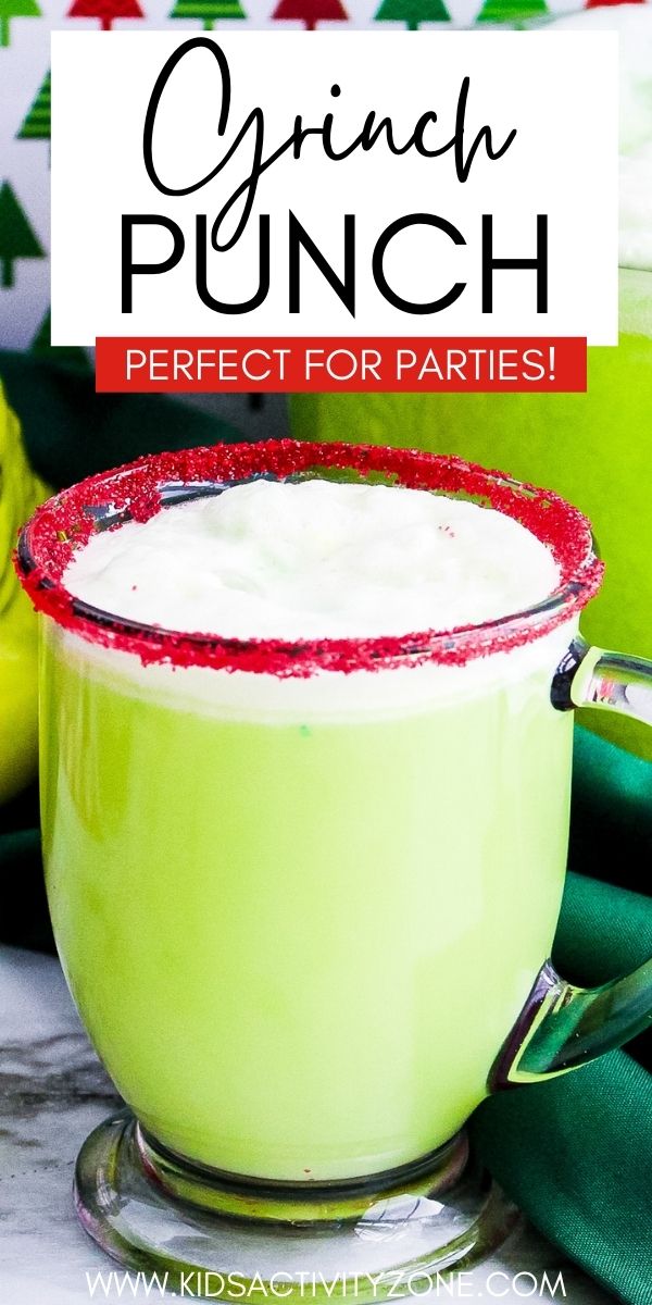 Quick and easy Grinch Punch is delicious and festive! It's perfect for holiday parties especially if they are Grinched Themed. A mixture of sherbet, Hawaiian punch, pineapple juice and lemon lime soda come together in a red sugar dressed glass. 