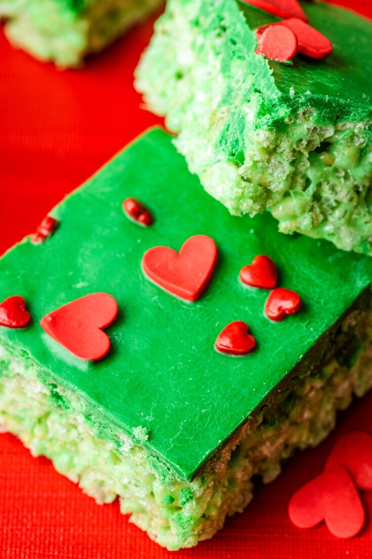 Grinch Rice Krispies Treats on red background