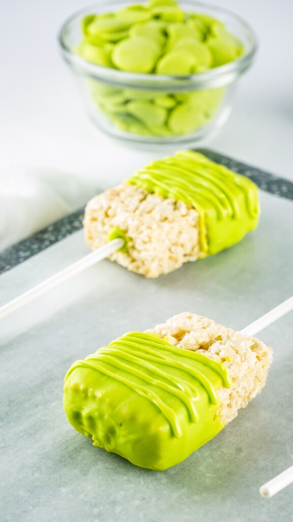 Rice Krispies Bars with green candy melts