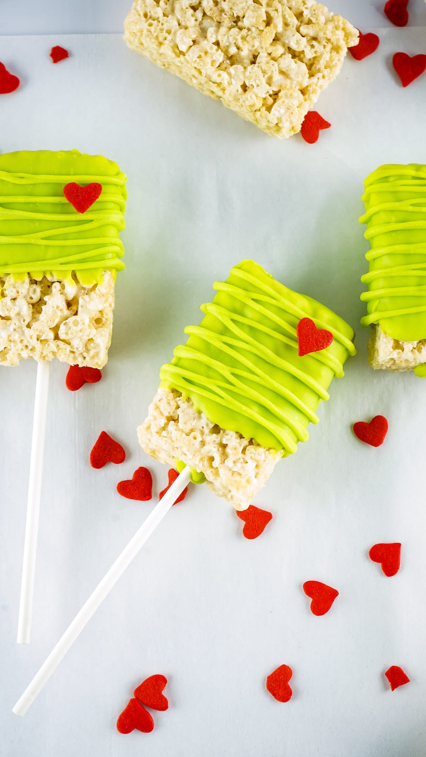 Grinch Rice Krispies treats on white background