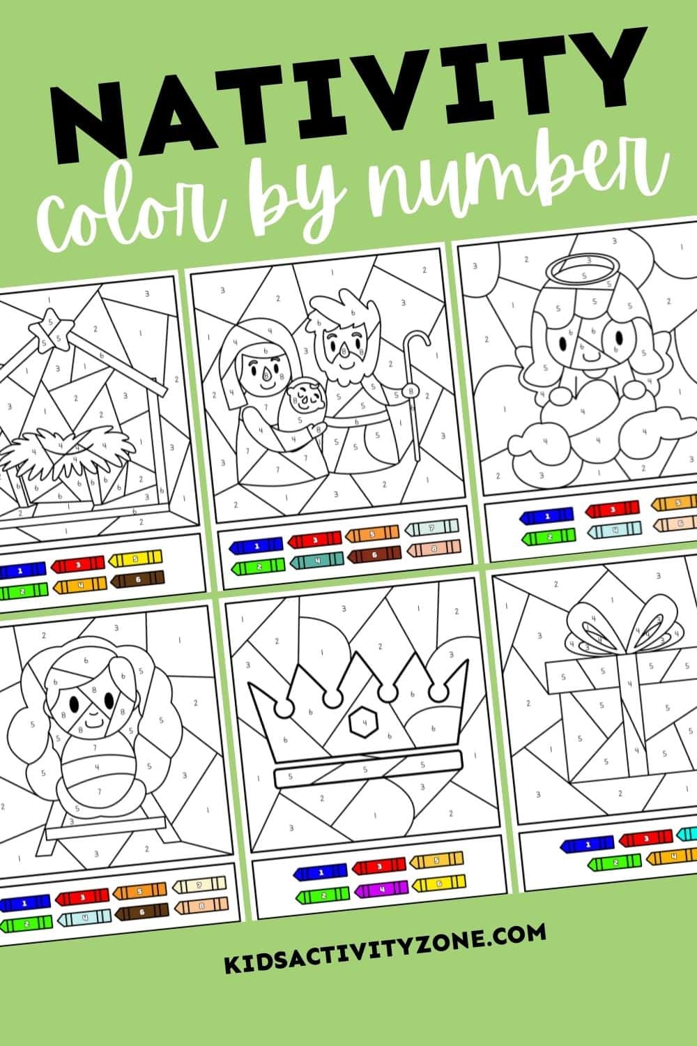 A set of 7 free printable Nativity Color by Numbers Pages! These Christmas color by number sheets show the story of Jesus and are free to print off. They are perfect for the kids during Christmas. 