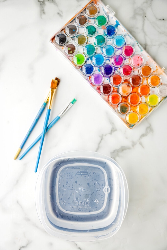 Water in tupperware container and watercolors next to it