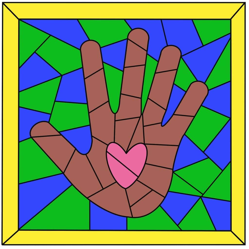 Hand with heart in it color by number page colored in