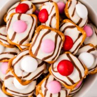 Valentine Pretzel Hugs in a white bowl