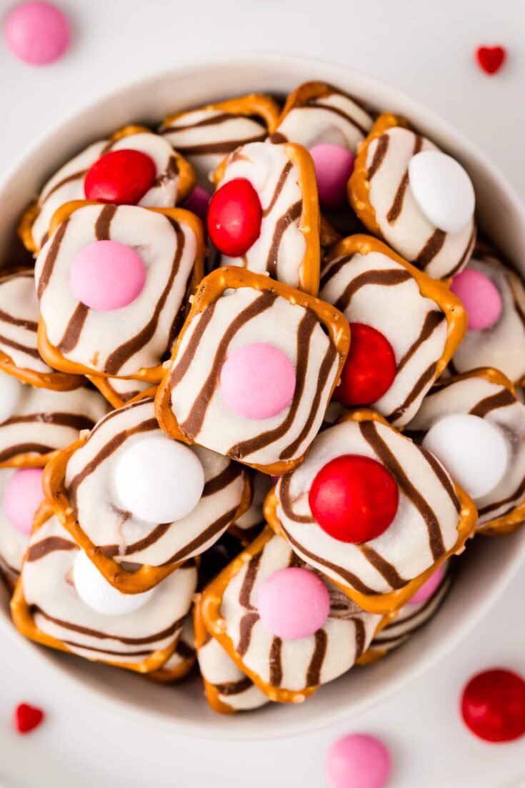 Valentine Pretzel Hugs in a white bowl