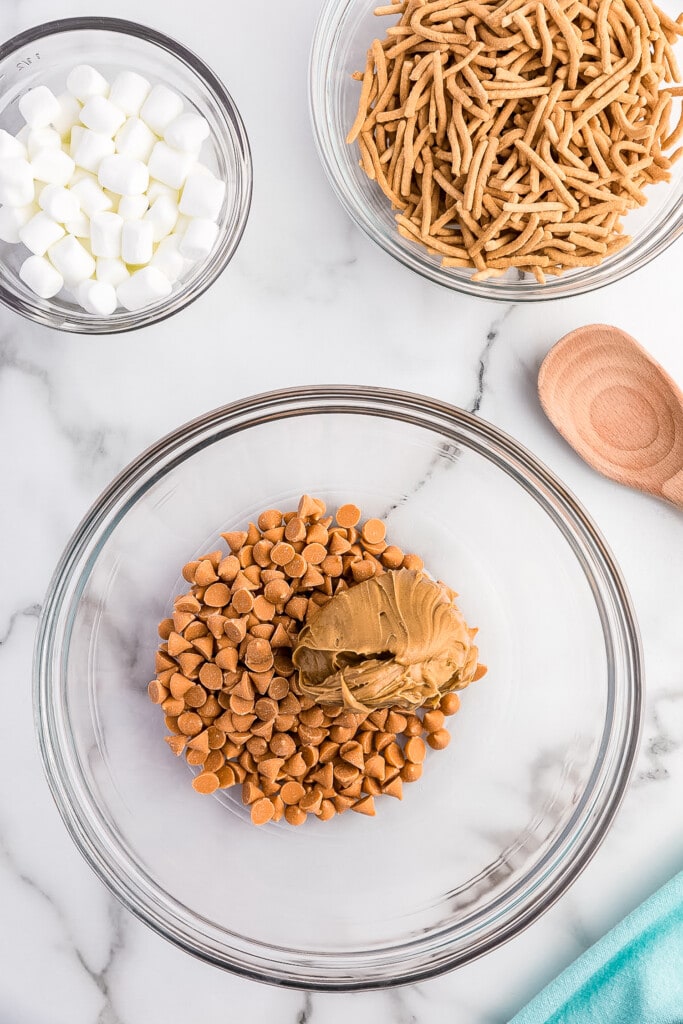 Mixing bowl with peanut butter and butterscotch chips