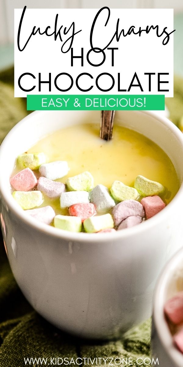 Smooth, creamy homemade White Hot Chocolate topped with your favorite Lucky Charms Marshmallows! This Lucky Charms Hot Chocolate recipe is the perfect addition to your St. Patrick's parties.