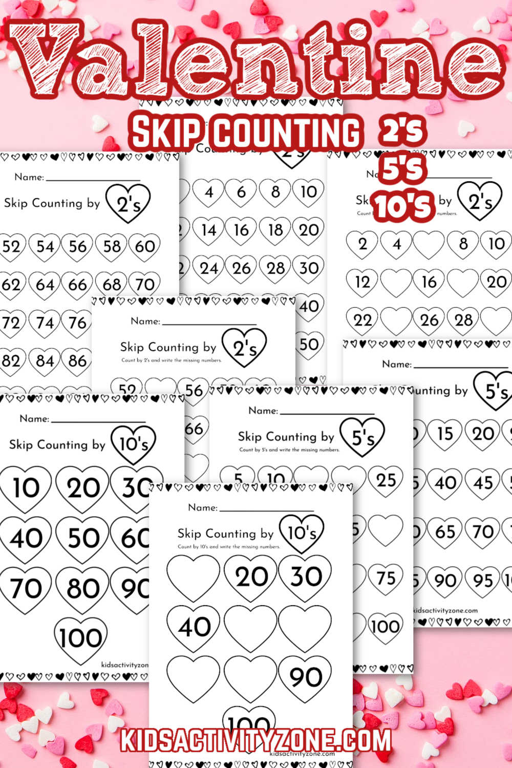 Make math time enjoyable for your kids with these free valentine’s day skip counting printable. It's perfect for young elementary students and fun with a Valentine's Day theme! Practice skip counting by 2s, 5s and 10s with 8 free printable worksheets.