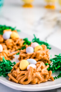 Easter Nest Haystacks on white platter
