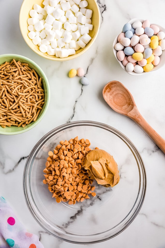 Glass bowl with butterscotch chips and peanut butter