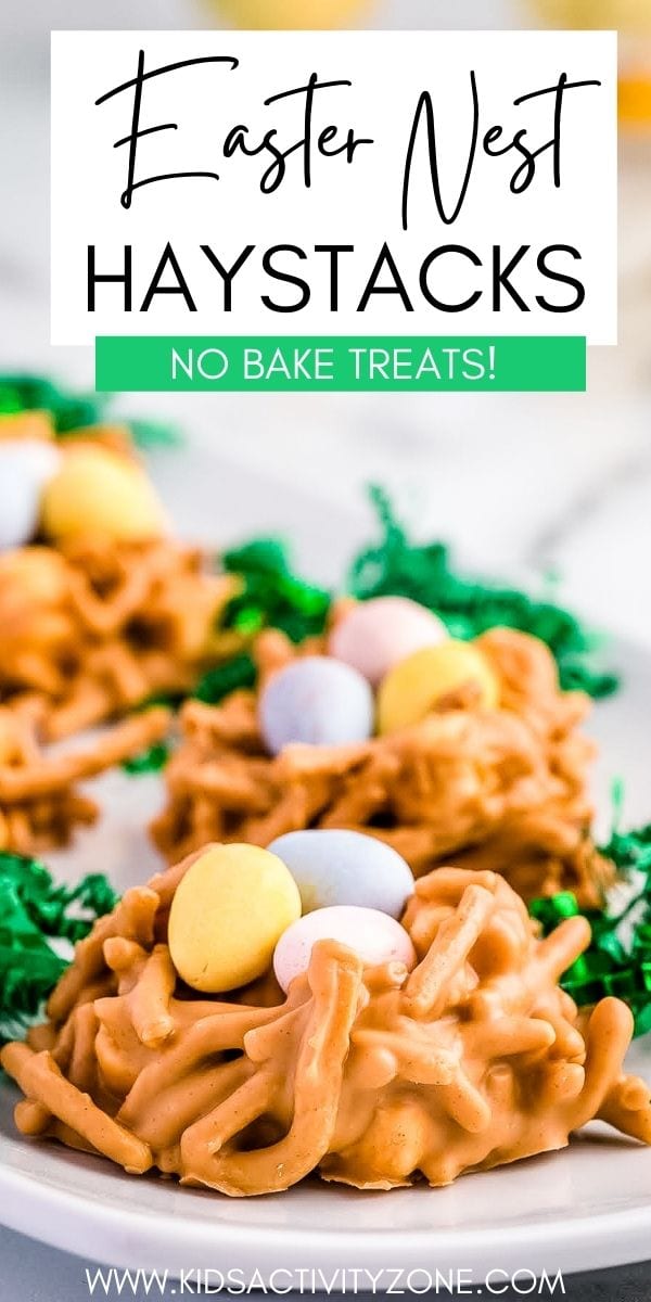 Easy No bake Haystack Cookies that are made into cute Easter Nests! They are ready in under 20 minutes and the perfect recipe for kids to make! A delicious mixture of butterscotch, mini marshmallows, peanut butter and chow mein noodles that are topped with Mini Cadbury Eggs.  