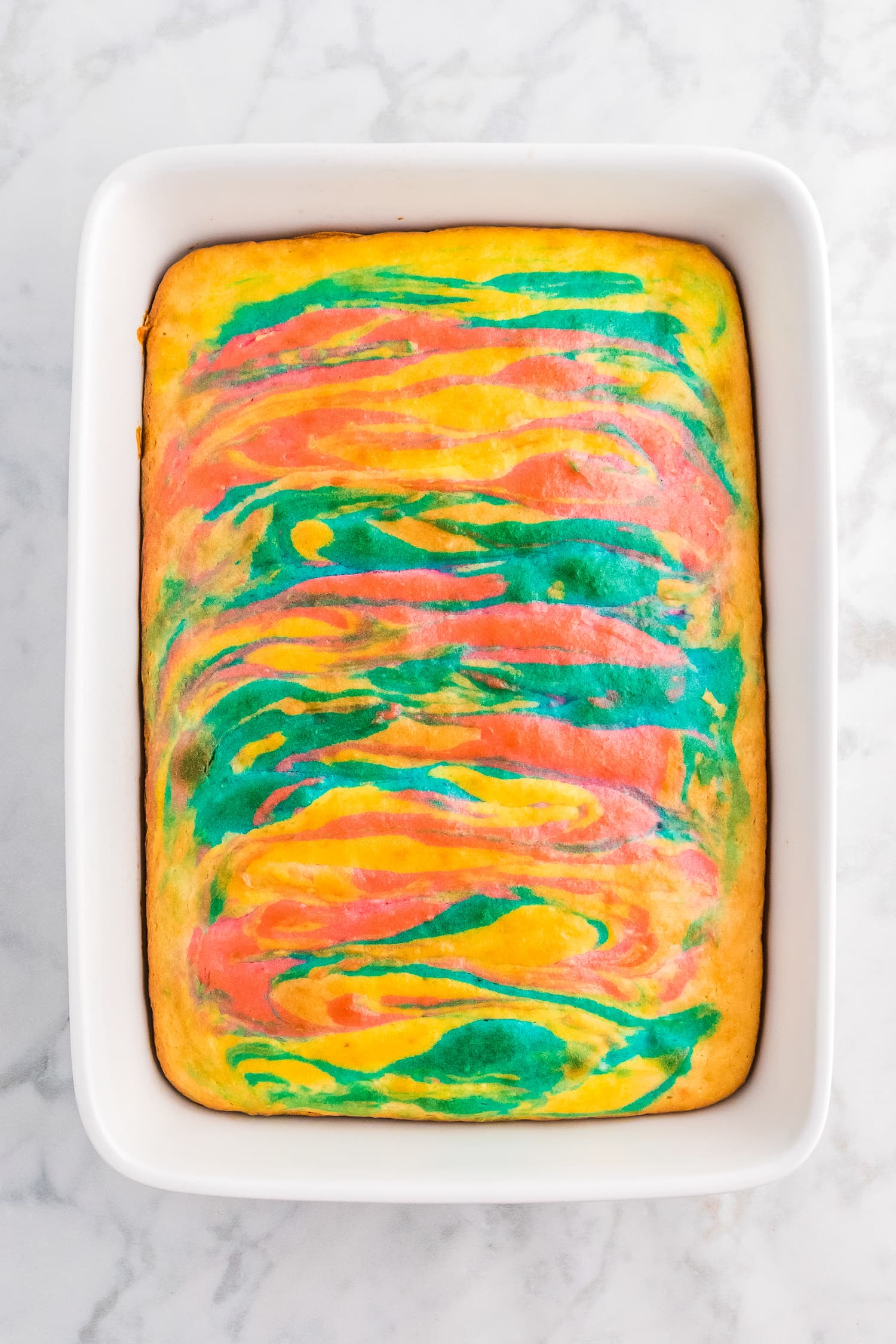 Swirled Cake with springs colors after baking