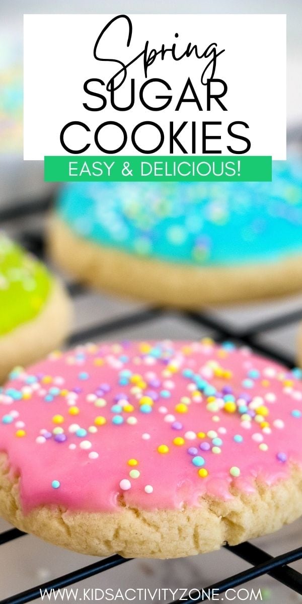 Delicious sugar cookies that have a powdered sugar icing and sprinkles! They are the perfect fun spring treat with the pretty pastel colors. The best part is dipping them in the frosting and decorating with sprinkles.
