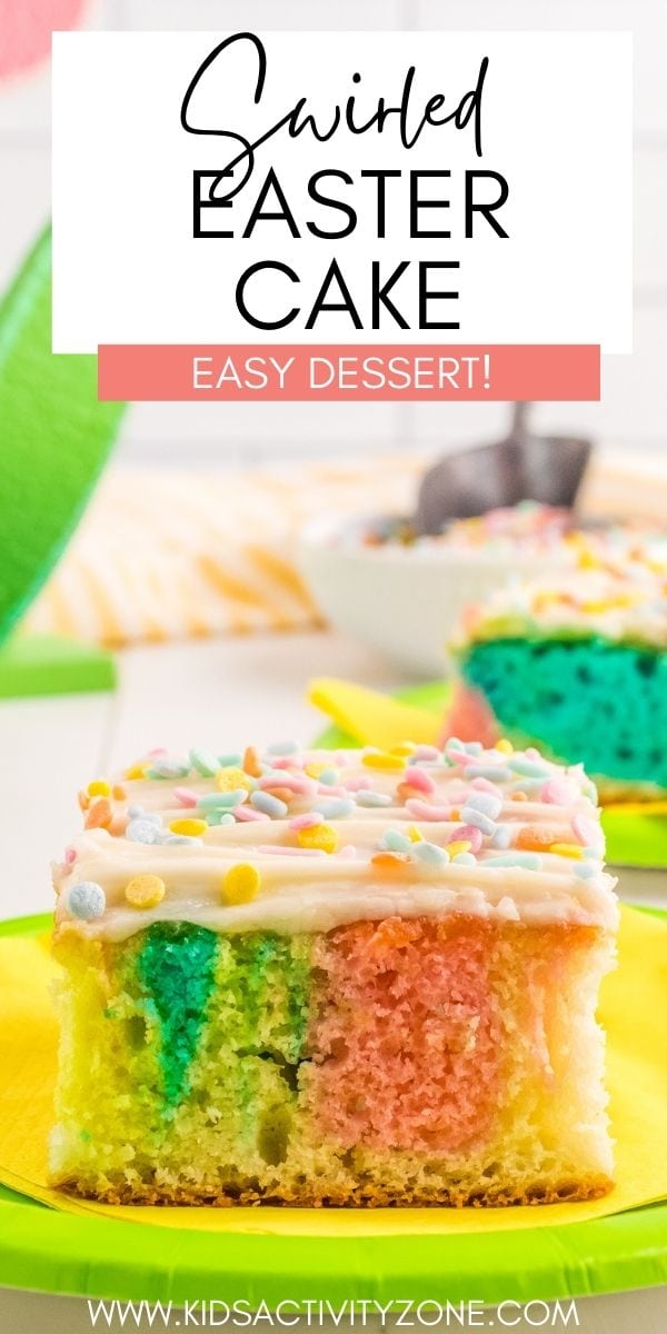 This quick and easy Swirled Easter Cake starts with a box mix and is topped with a homemade fluffy vanilla frosting! It's a fun spring dessert recipe that the kids can help make. They will love swirling the colors together then cutting into the cake to see the design they made.