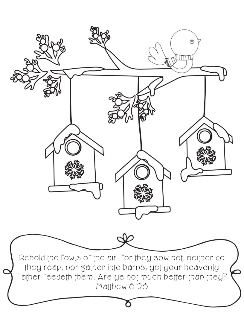 Bird house coloring page with scripture text
