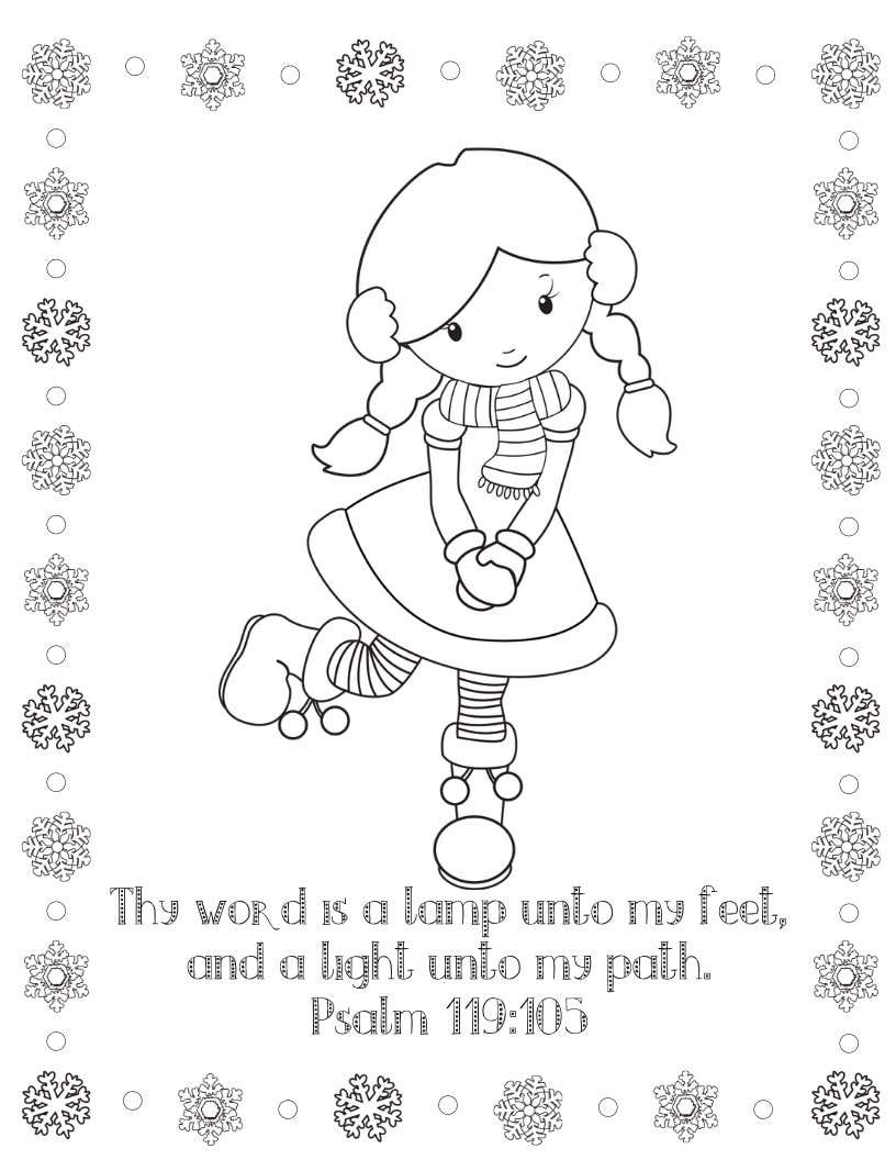 Girl skating coloring page with scripture text