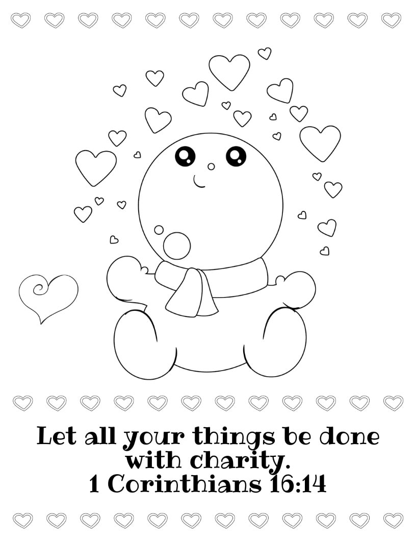 Snowman coloring page with scripture text