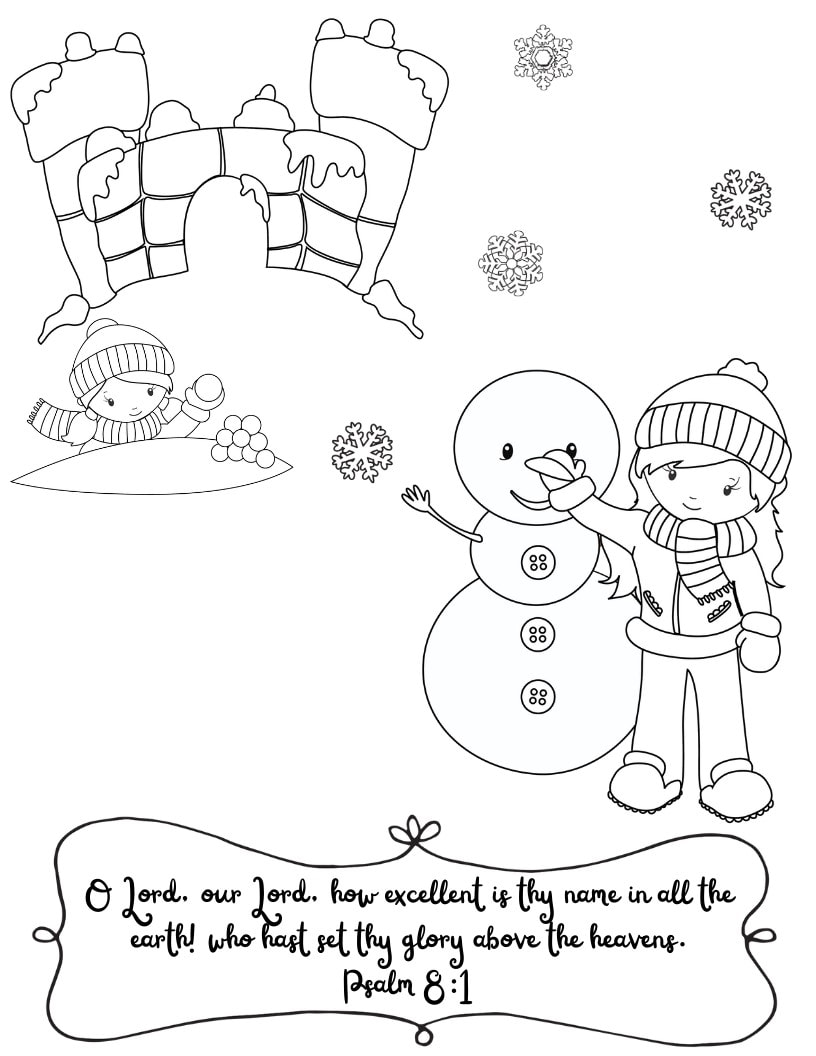 Snow man and girl coloring page with scripture text