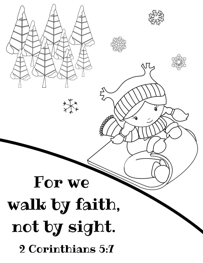 Sledding kid coloring page with scripture text