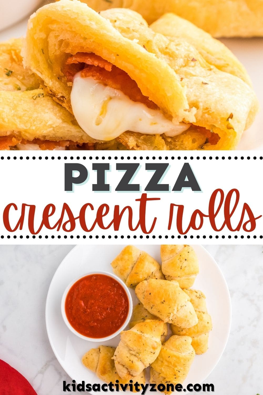 An easy snack, lunch or dinner recipe that the kids will actually eat! Plus, they can even help assemble them or make them on their own. These Pizza Crescent Rolls are an easy recipe that is a fun twist on pizza. Soft crescent rolls that are stuffed with mozzarella cheese and pepperoni. Don't forget the pizza sauce to dunk them in!