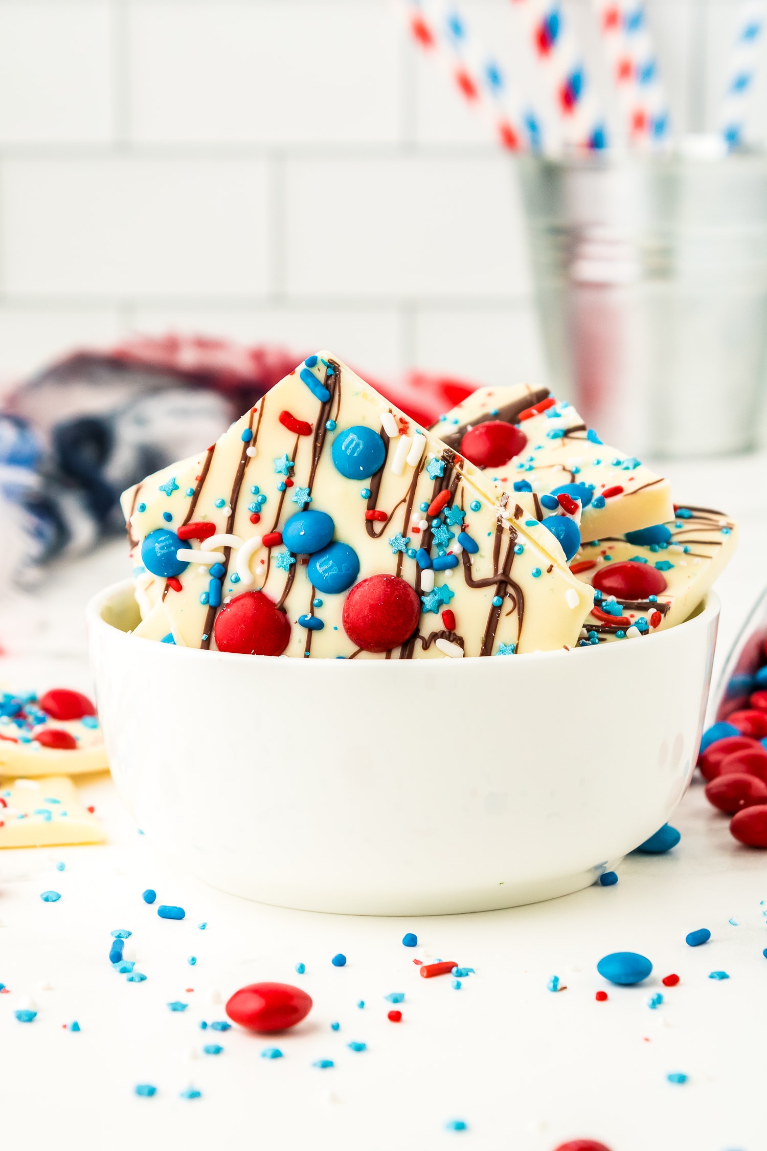 White bowl with pieces of patriotic bark