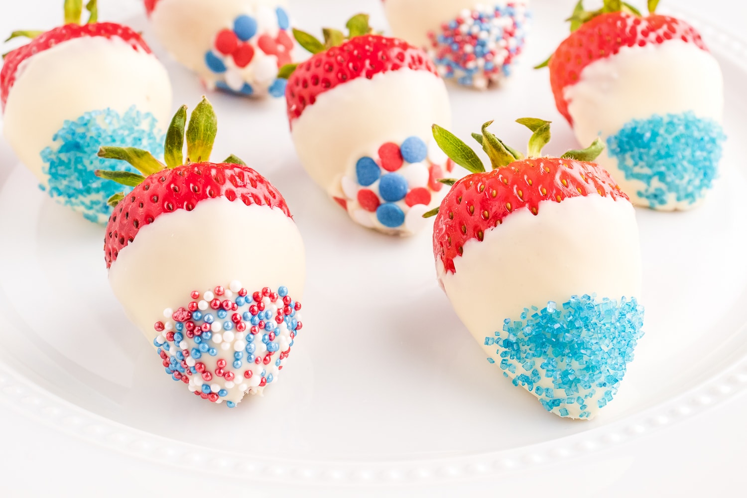 White platter with patriotic strawberries